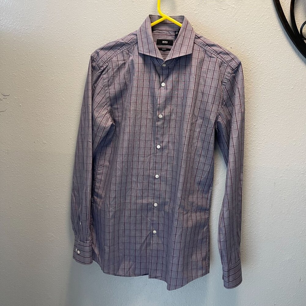 Hugo Boss Mens Slim Fit Long Sleeve‎ Button-Down Shirt 42/16.5 Plaid Pattern